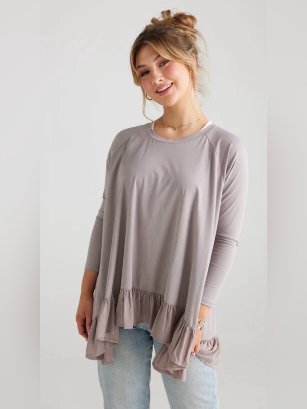 Miss Rose Sister Violet Ruby Ruffle top in dove gray